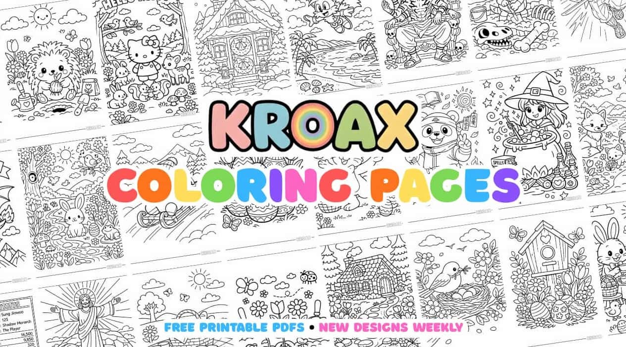 Kroax coloring pages cover image showing collage of multiple printable coloring designs