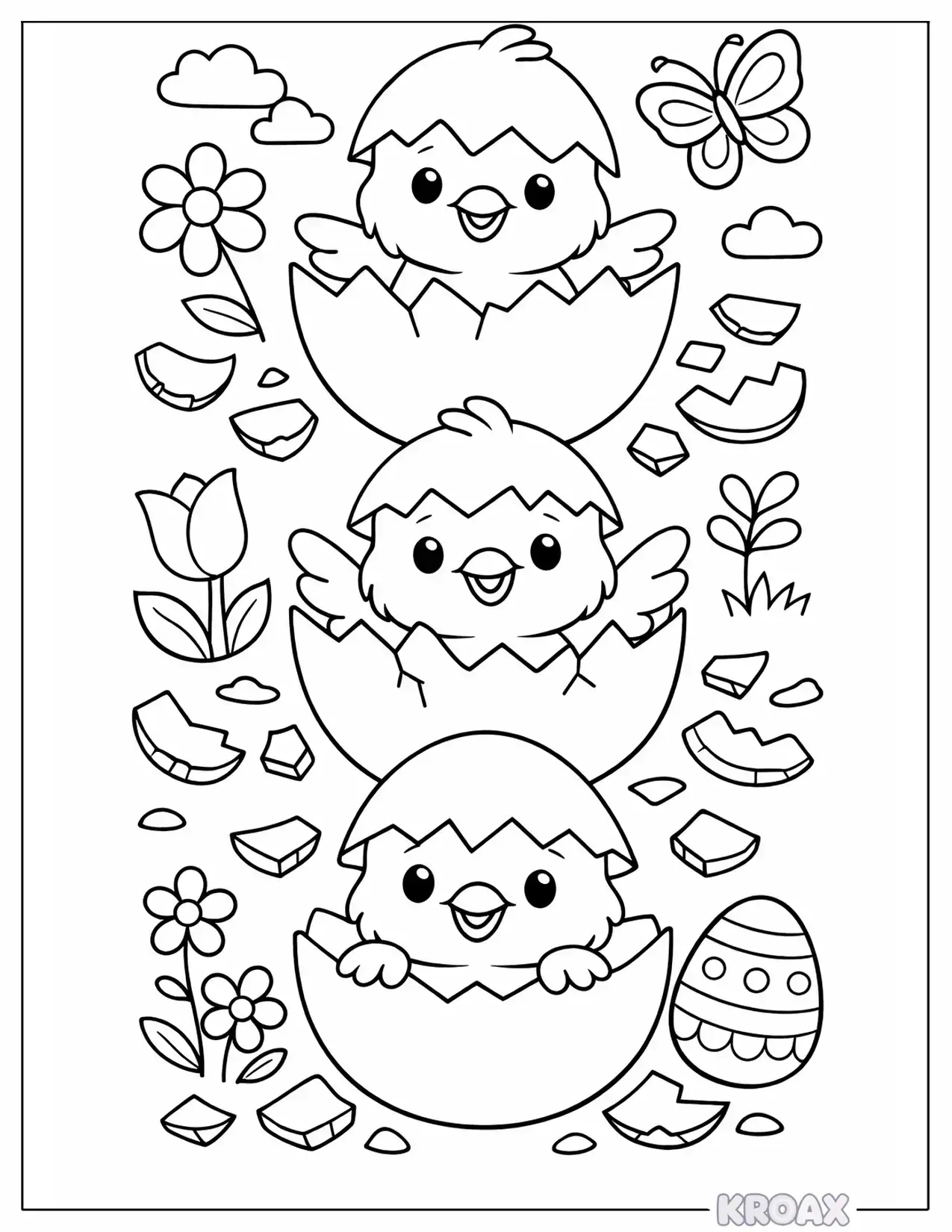 baby chicks and cracked eggshells printable coloring page