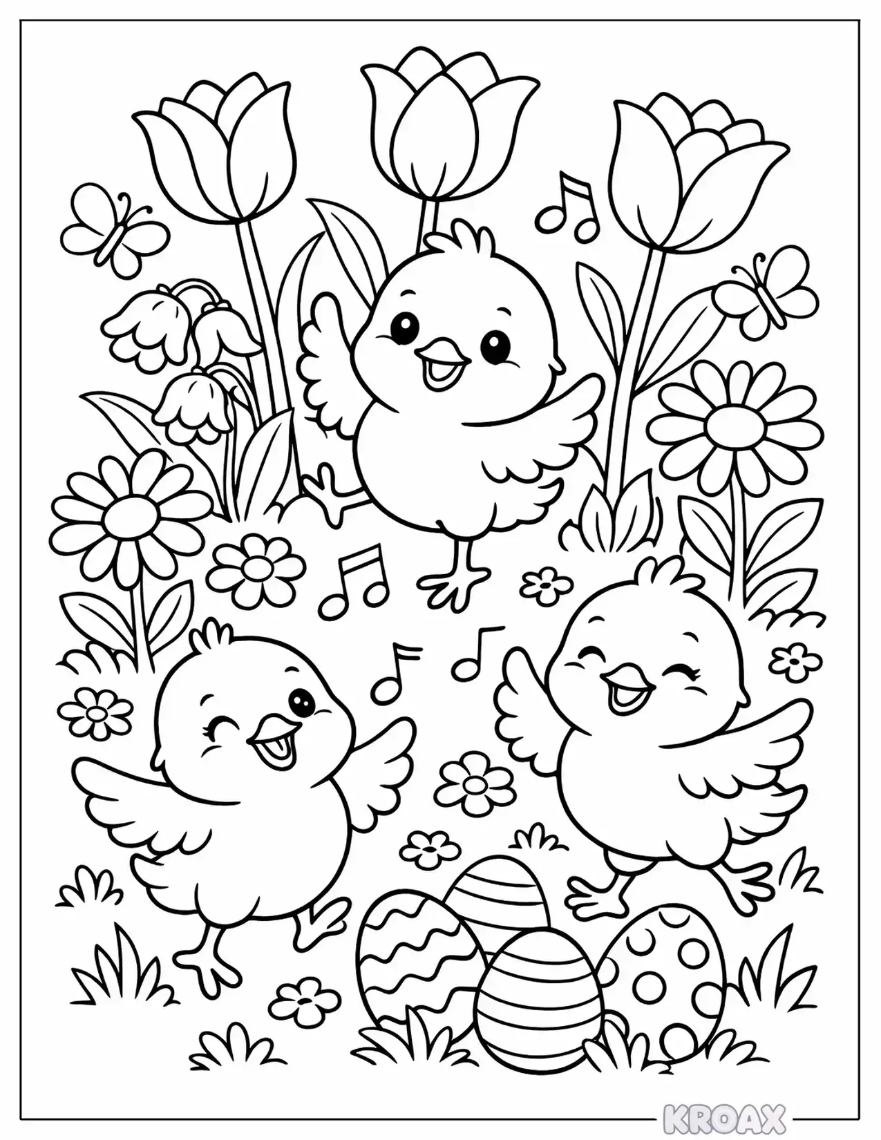 baby chicks dancing in flower garden printable coloring page
