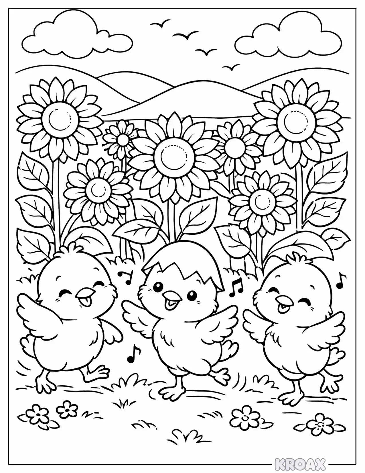 baby chicks dancing in sunflowers printable coloring page