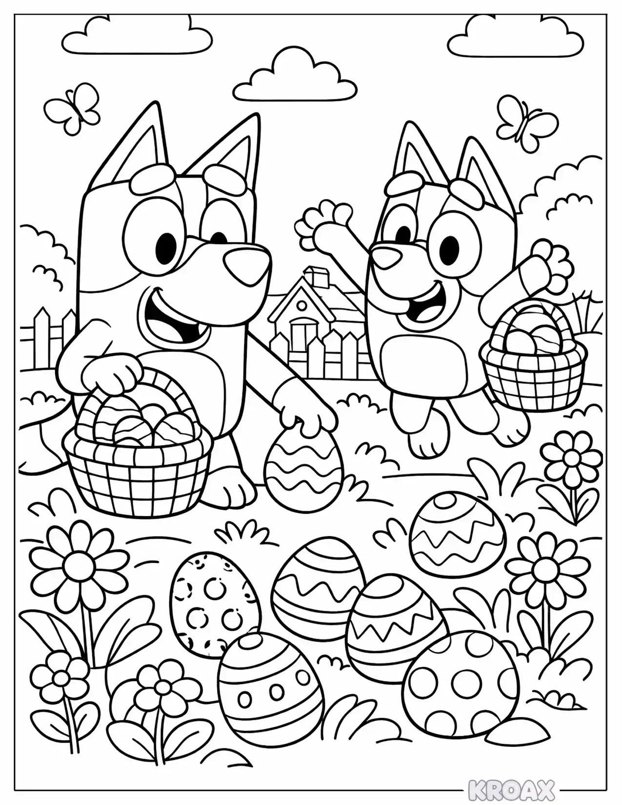 bluey and bingo hunting easter eggs printable coloring page