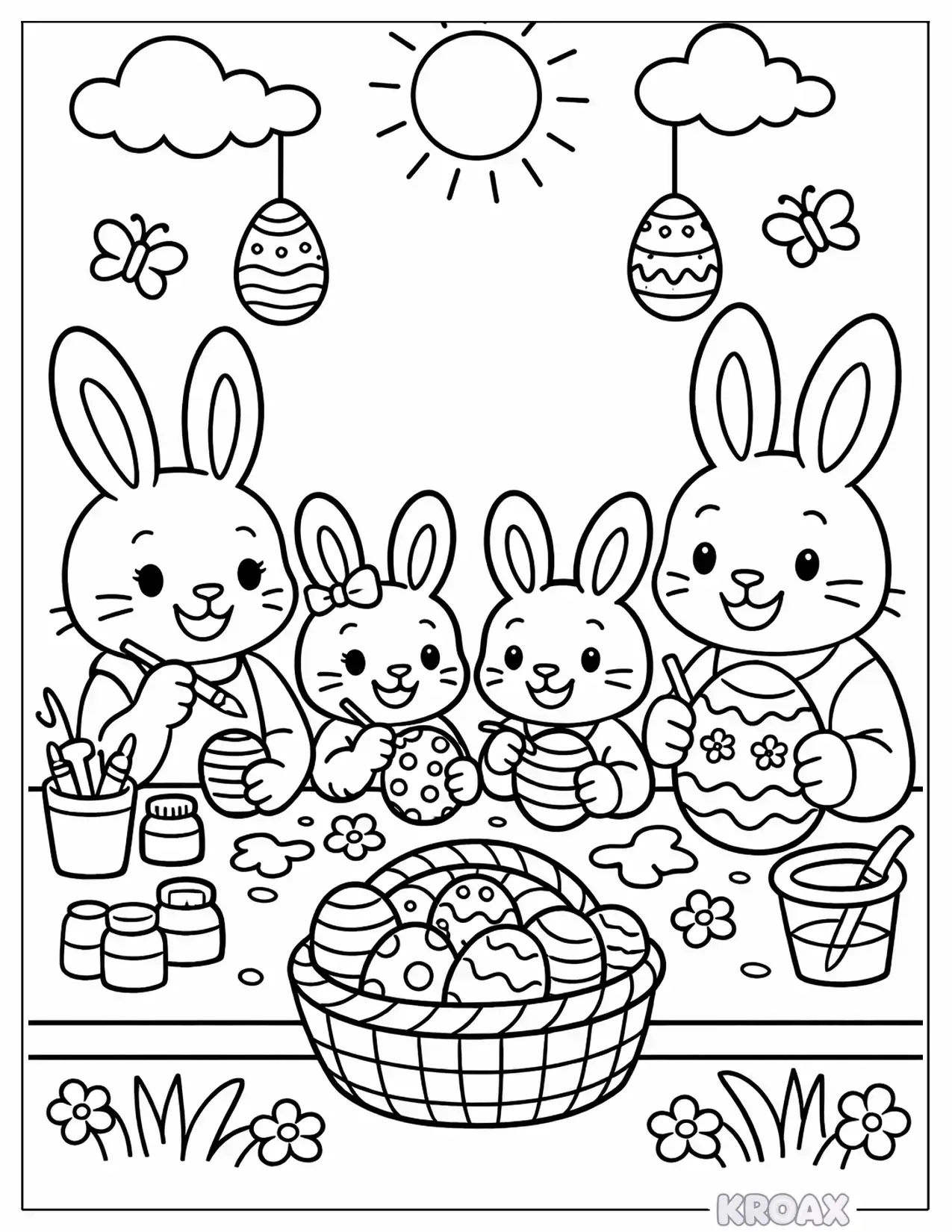 bunny family painting eggs together printable coloring page
