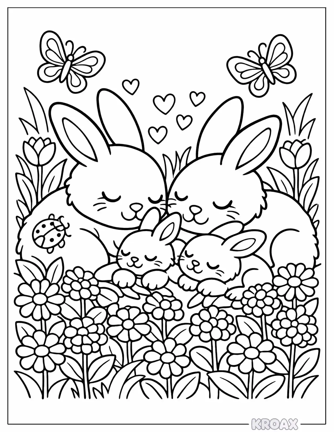 calm bunny family napping in clover field printable coloring page