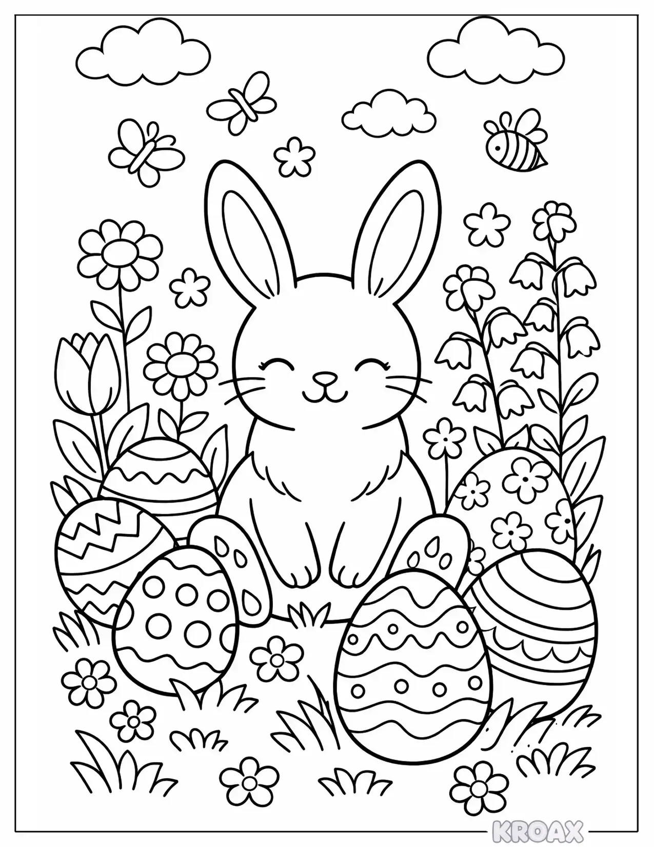 calm rabbit surrounded by painted eggs and flowers printable coloring page