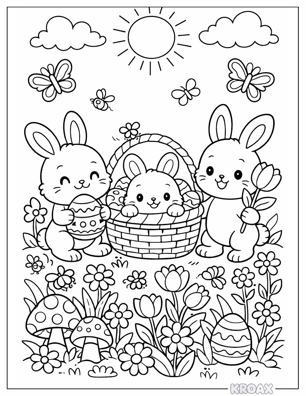 cozy easter scene with bunnies and butterflies printable coloring page
