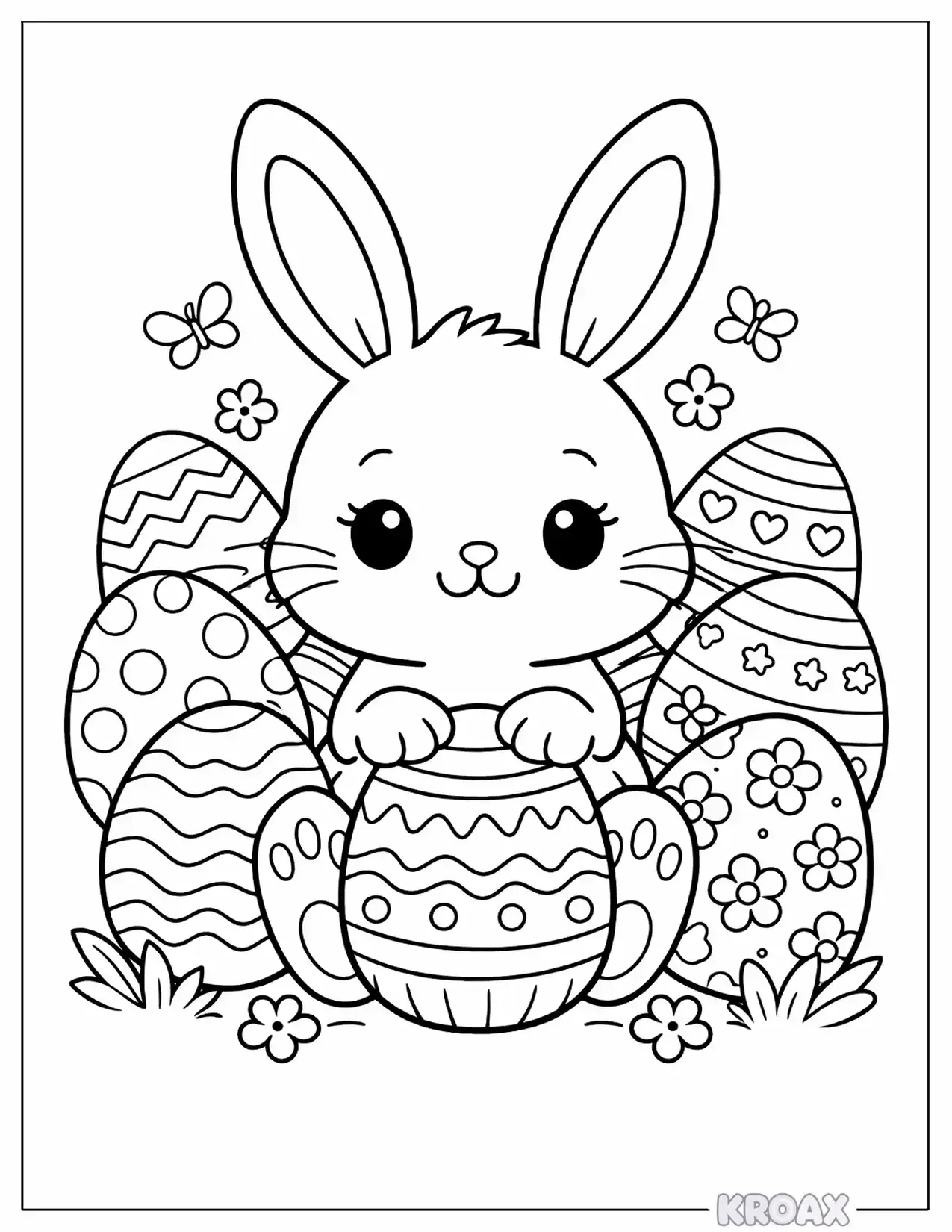 cute bunny with decorated easter eggs printable coloring page