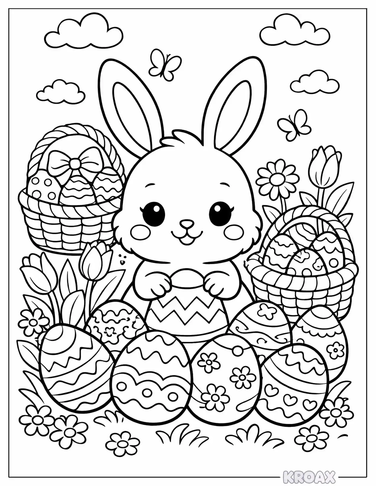 cute bunny with easter eggs and baskets printable coloring page