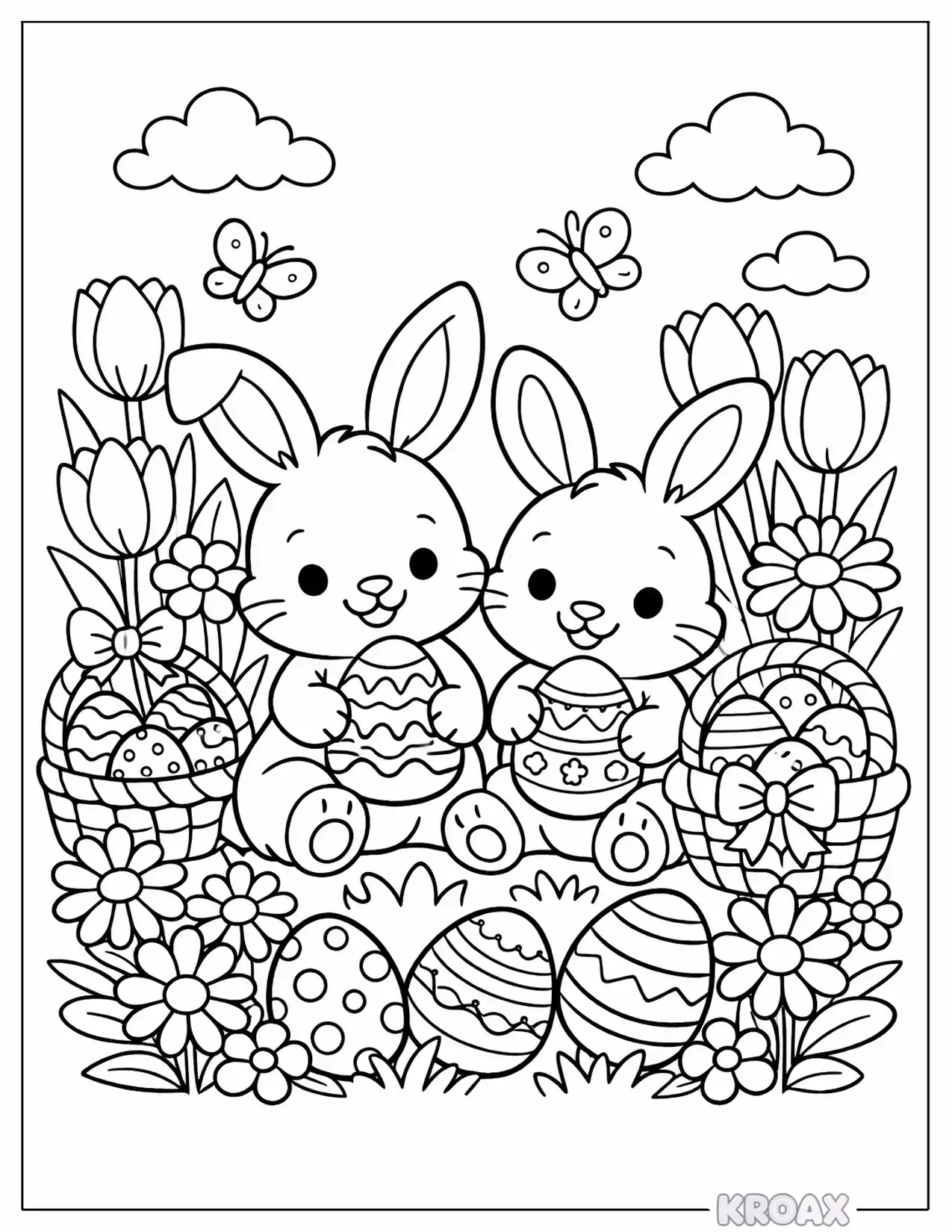 cute disney bunnies with spring flowers printable coloring page