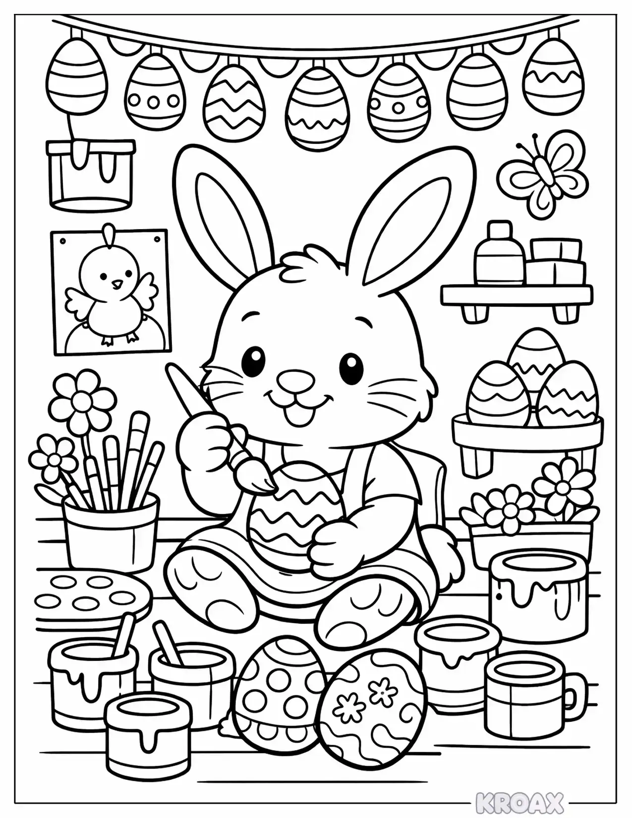 cute easter bunny decorating eggs printable coloring page