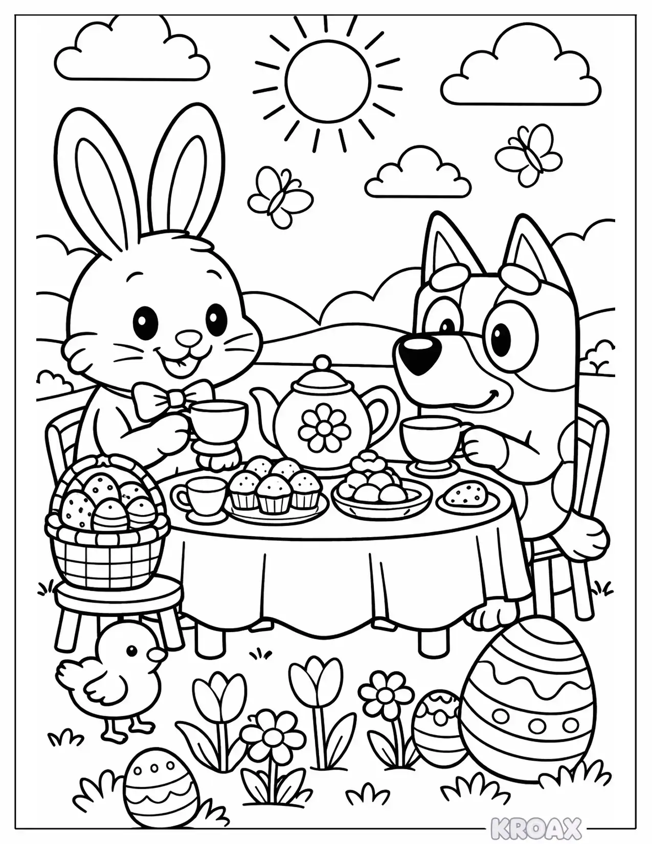 cute easter bunny tea party with bluey printable coloring page