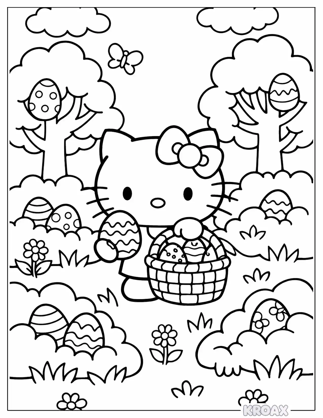 cute hello kitty searching for hidden eggs printable coloring page