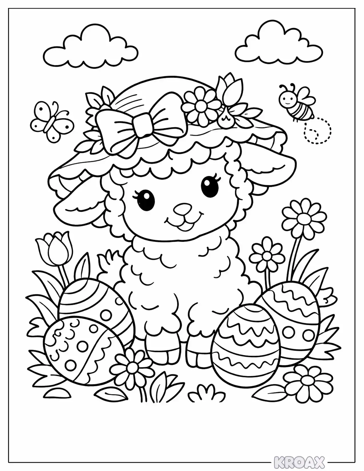 cute lamb with easter bonnet and eggs printable coloring page