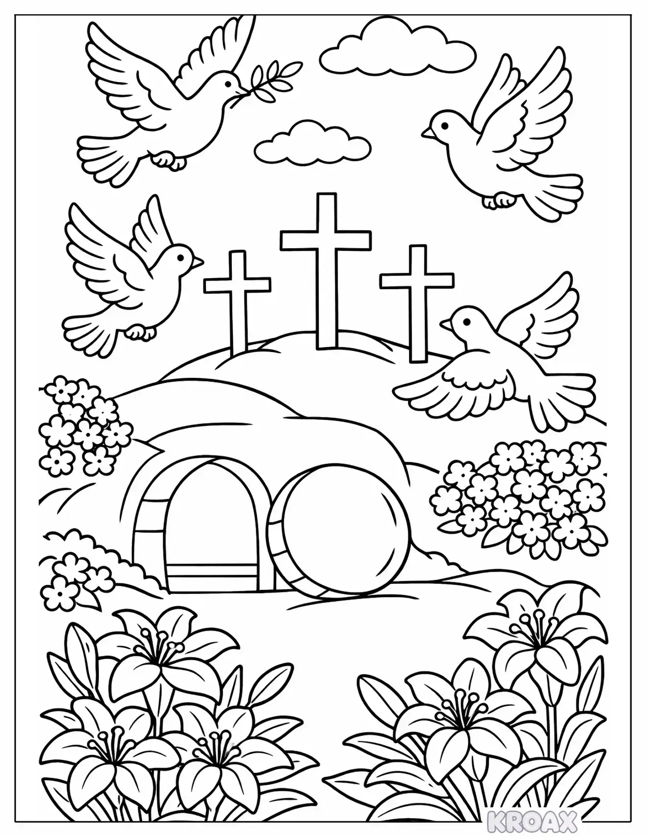 doves soaring over resurrection garden printable coloring page