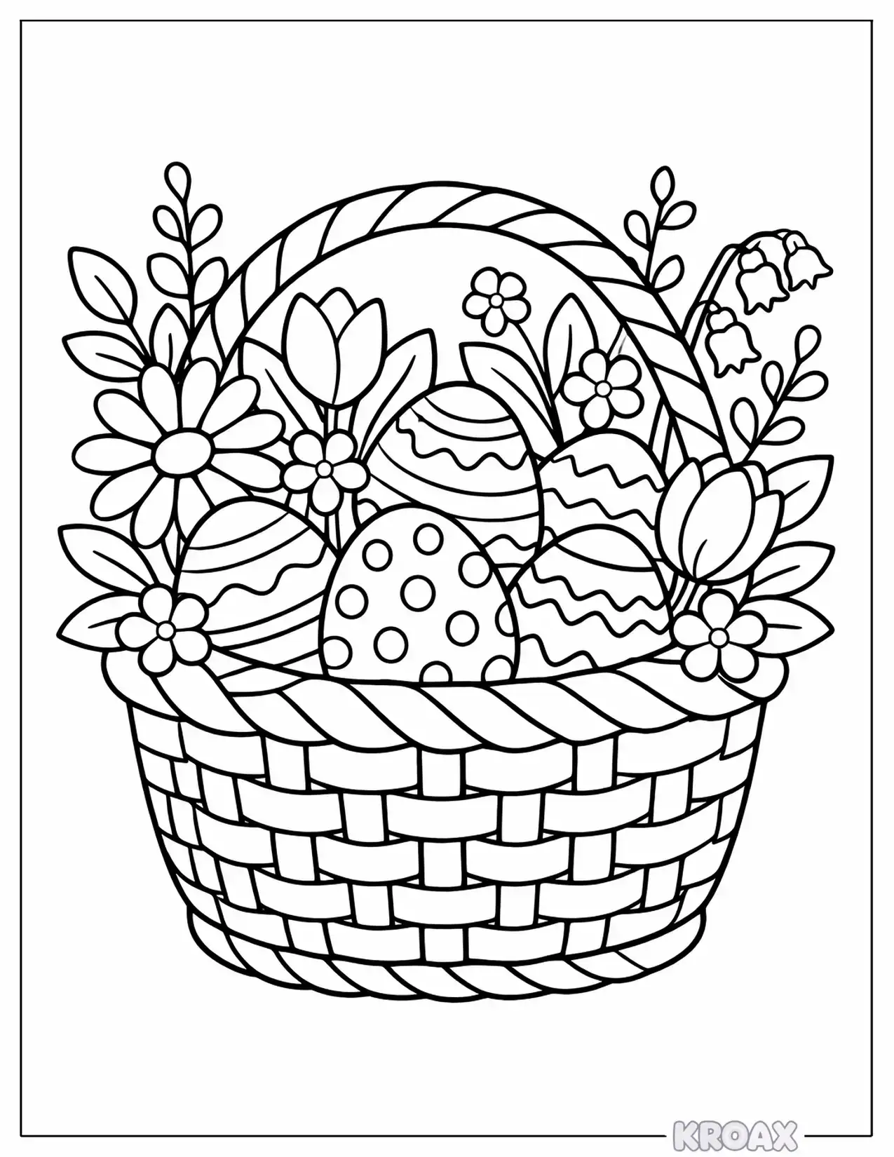 easter basket filled with spring blossoms and eggs printable coloring page