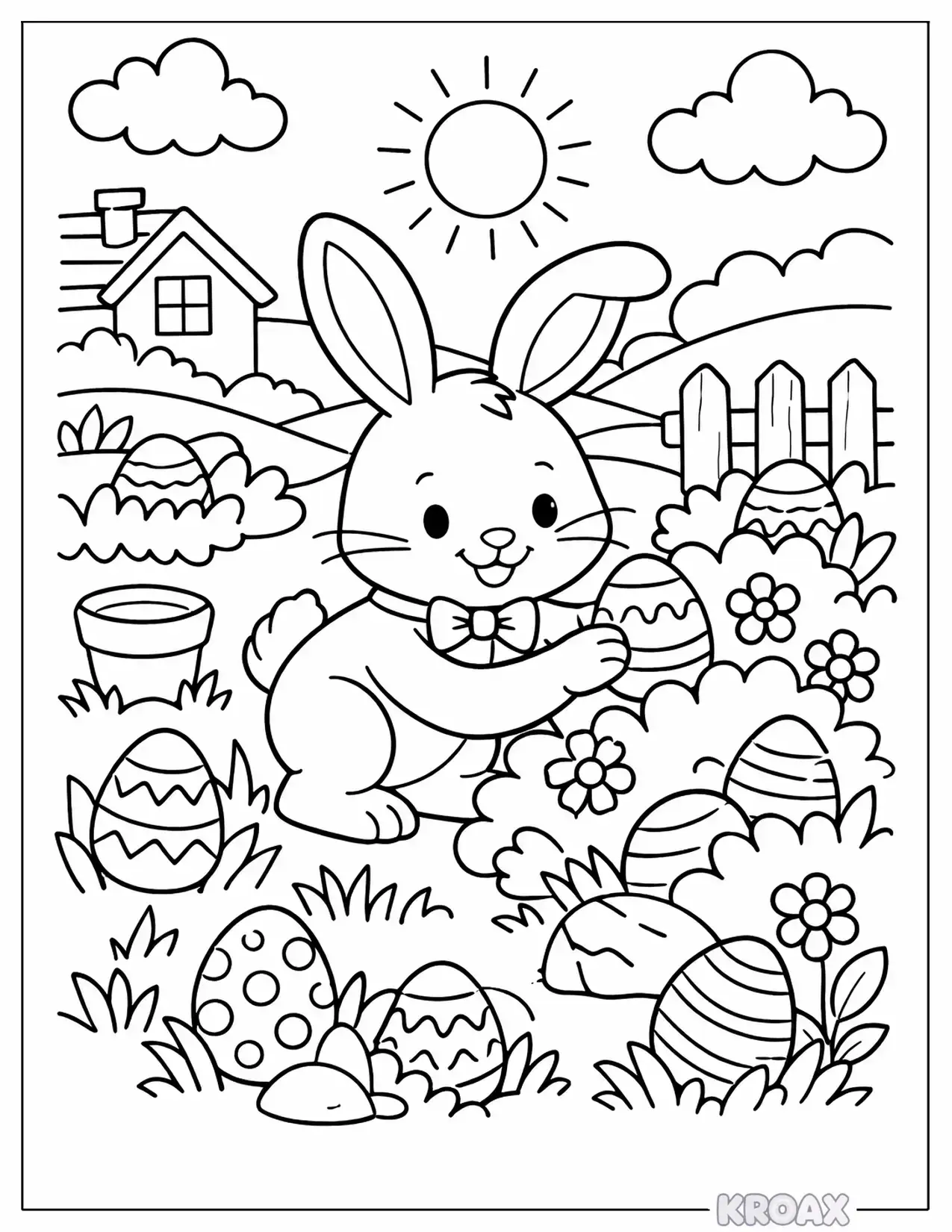 easter bunny hiding colorful eggs printable coloring page
