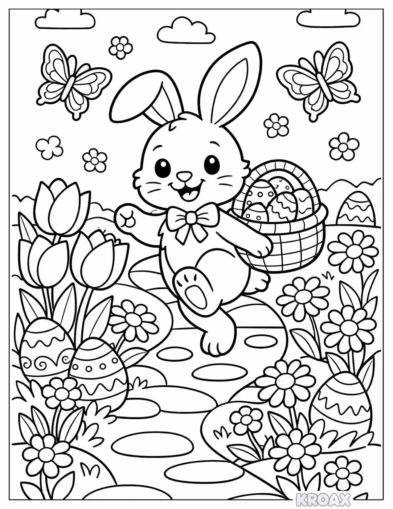 easter bunny in blooming spring garden printable coloring page