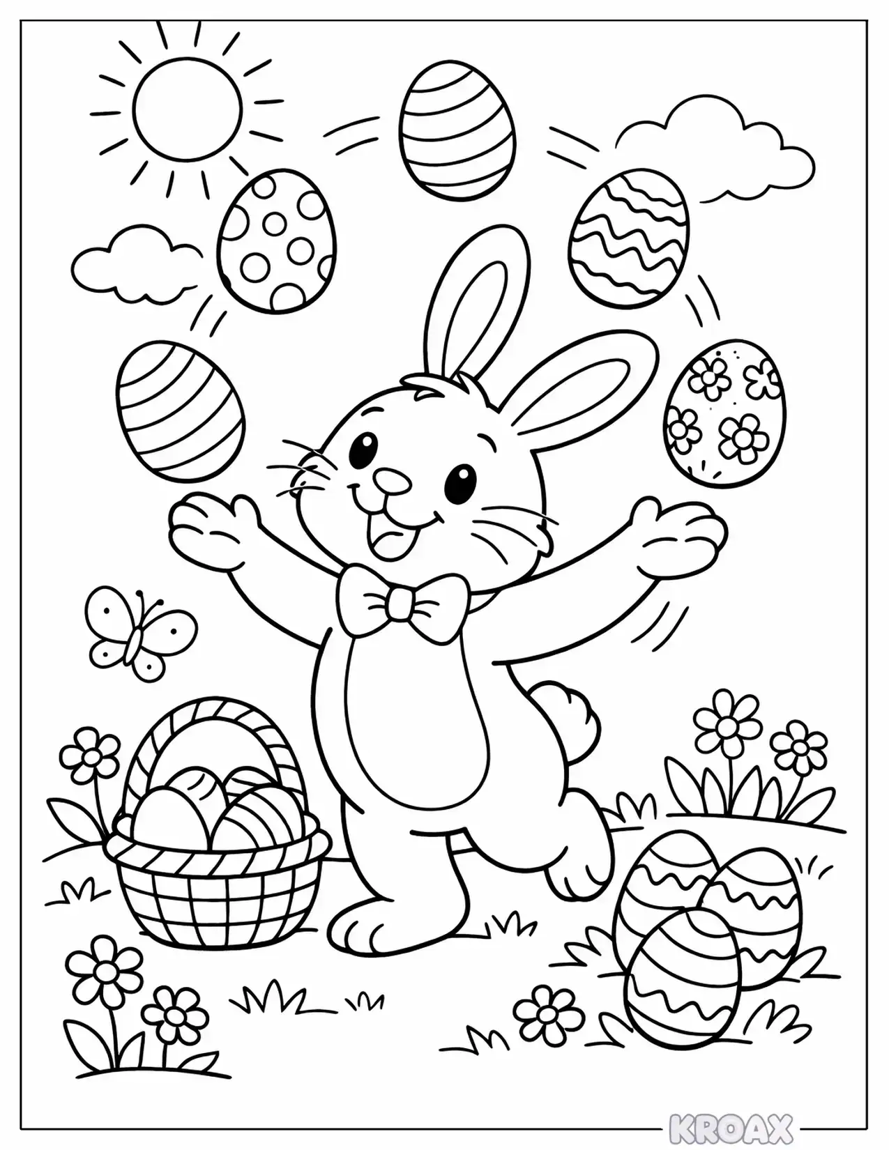 easter bunny juggling colorful eggs printable coloring page