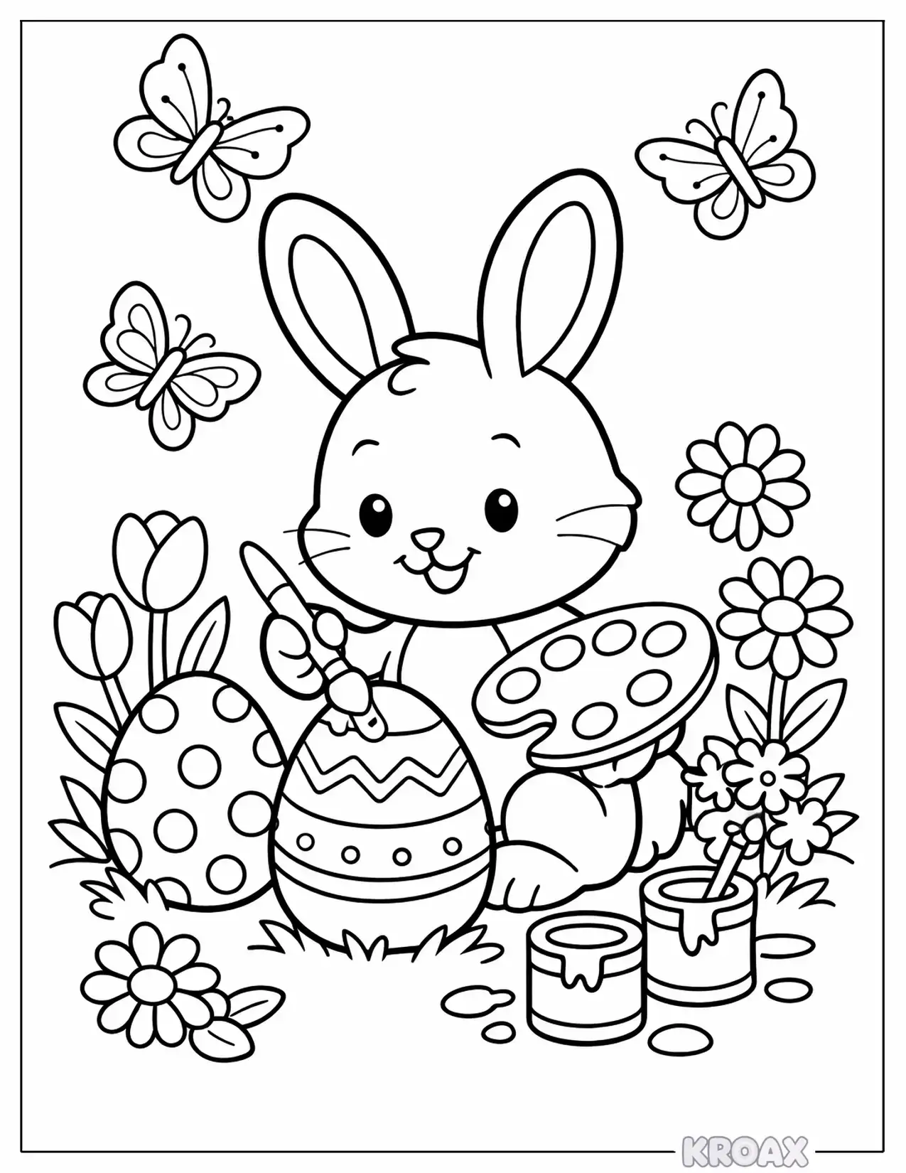 easter bunny painting colorful eggs with butterflies printable coloring page