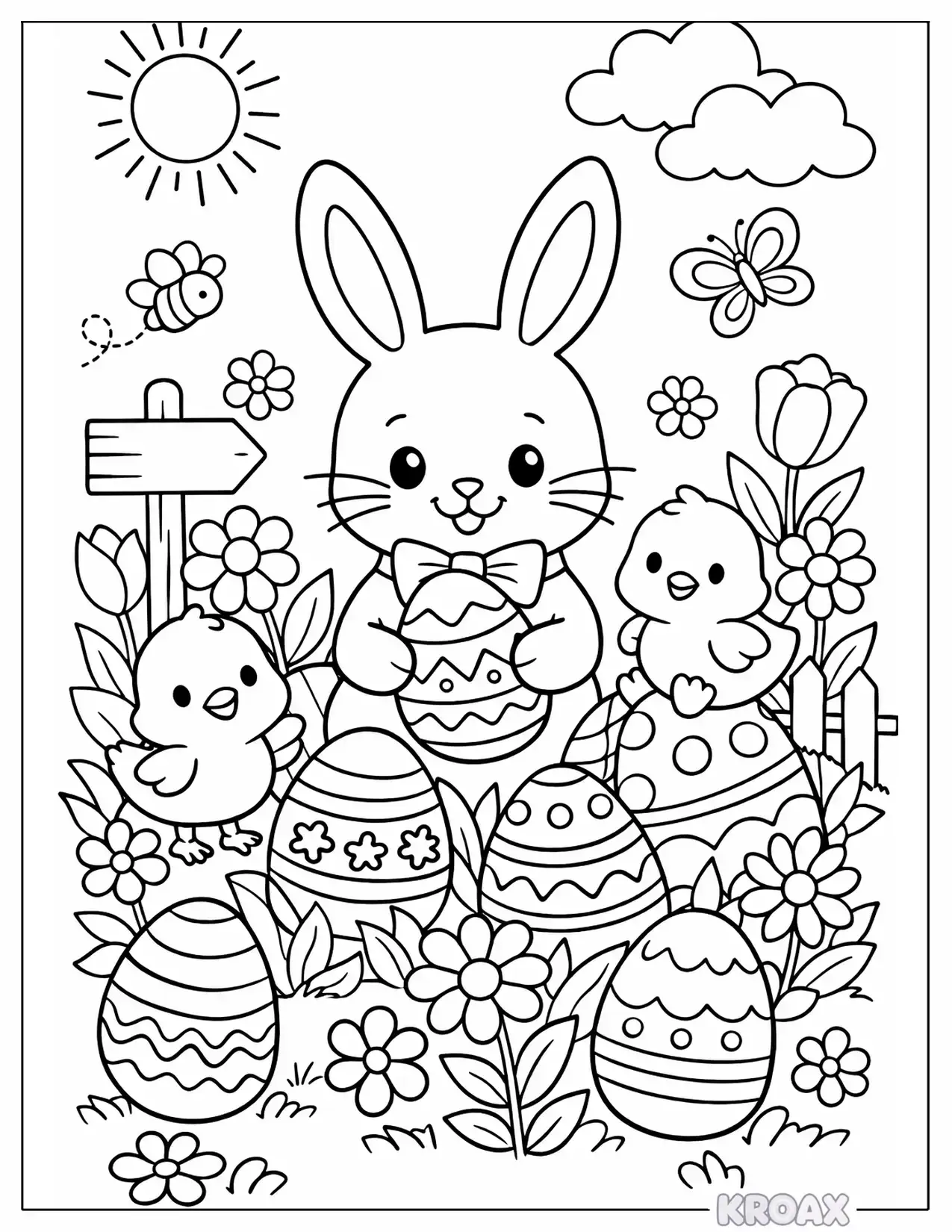 easter bunny s magical egg garden with baby chicks and flowers printable coloring page