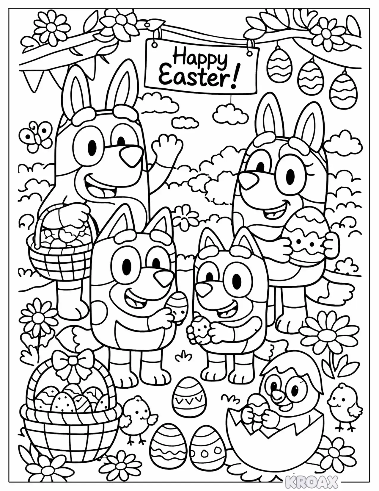 easter celebration in bluey s garden with flowers printable coloring page