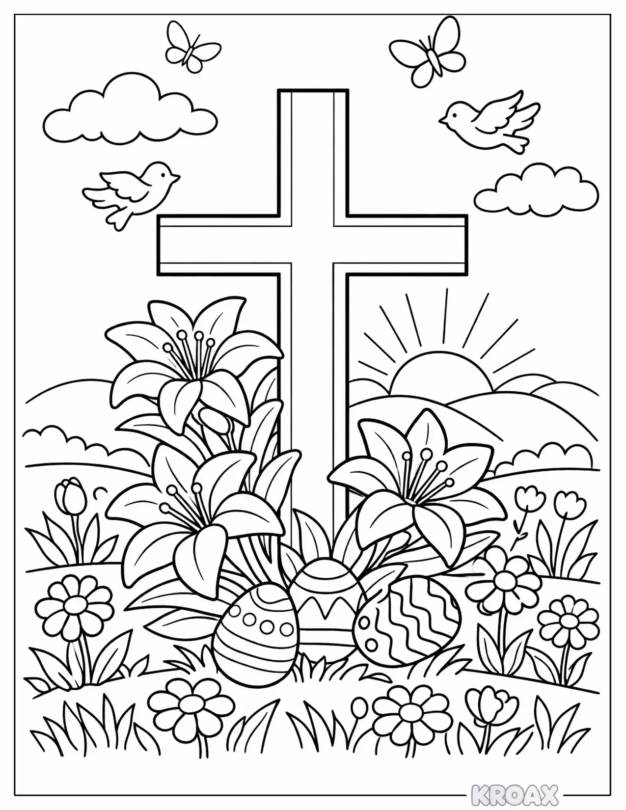 easter cross with blooming lilies printable coloring page