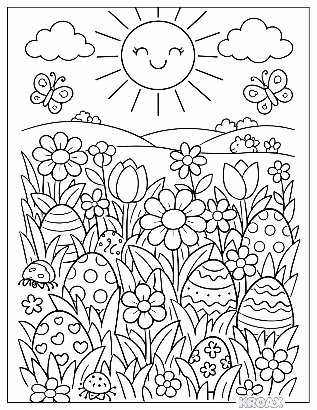 easter egg hunt in flowery meadow printable coloring page