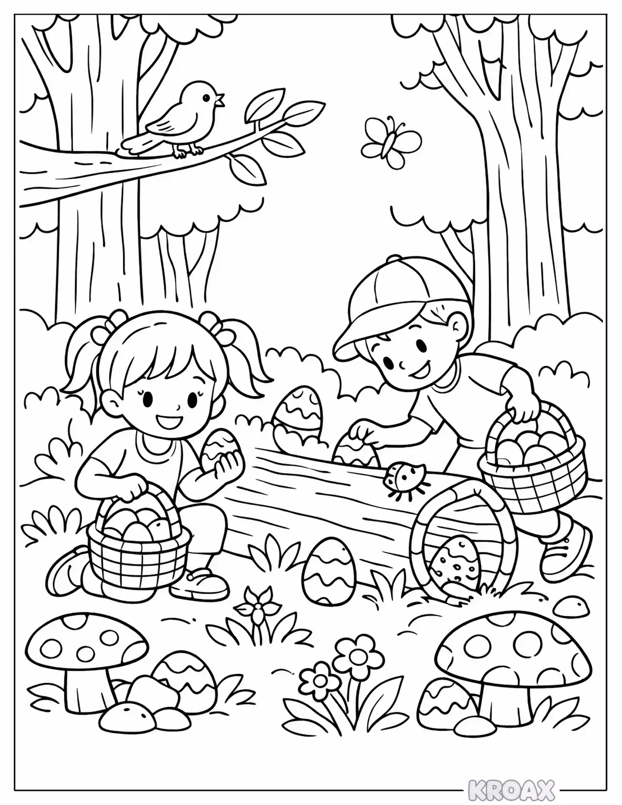 easter egg hunt through magical forest printable coloring page