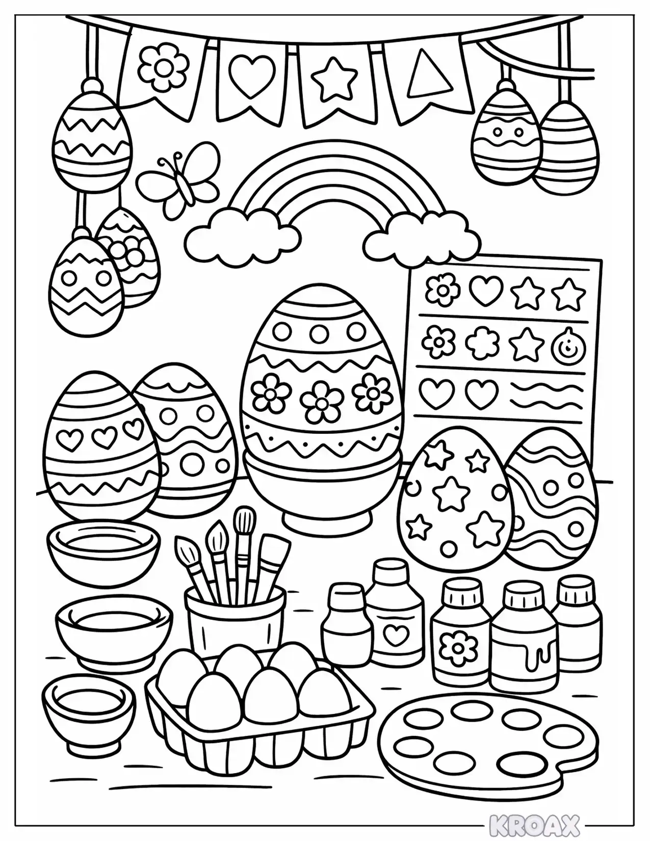 egg decorating station with rainbows printable coloring page