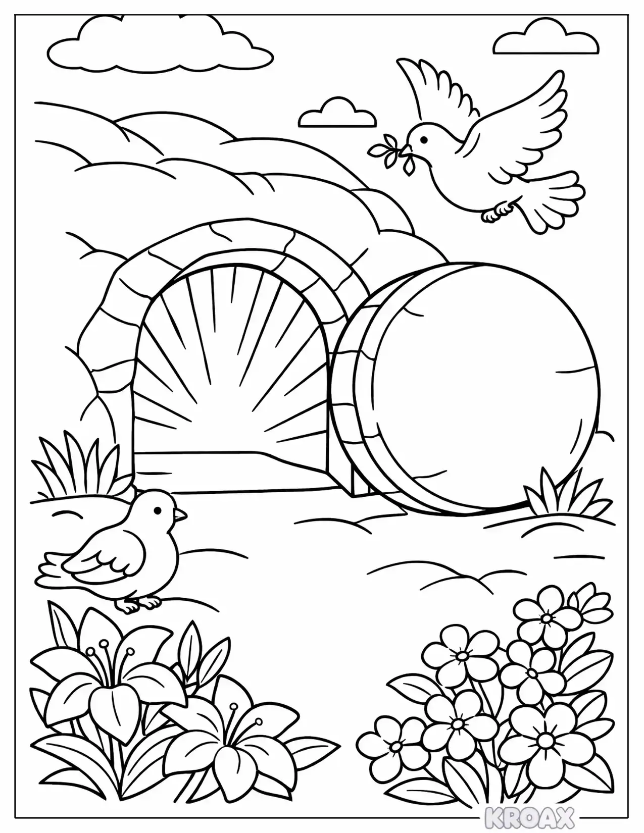empty tomb and morning light scene printable coloring page