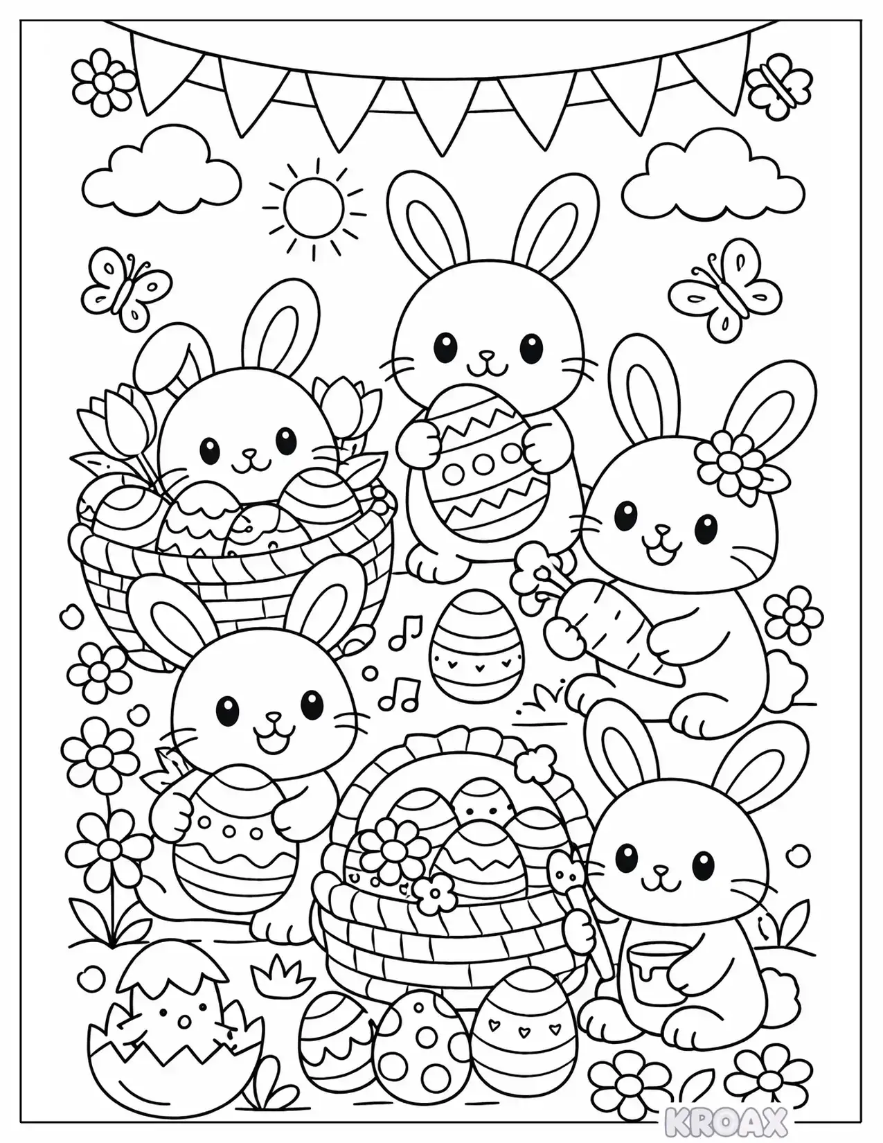 friendly bunny friends celebrating easter printable coloring page