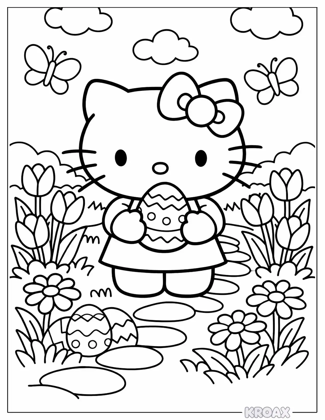 hello kitty easter garden with spring flowers printable coloring page