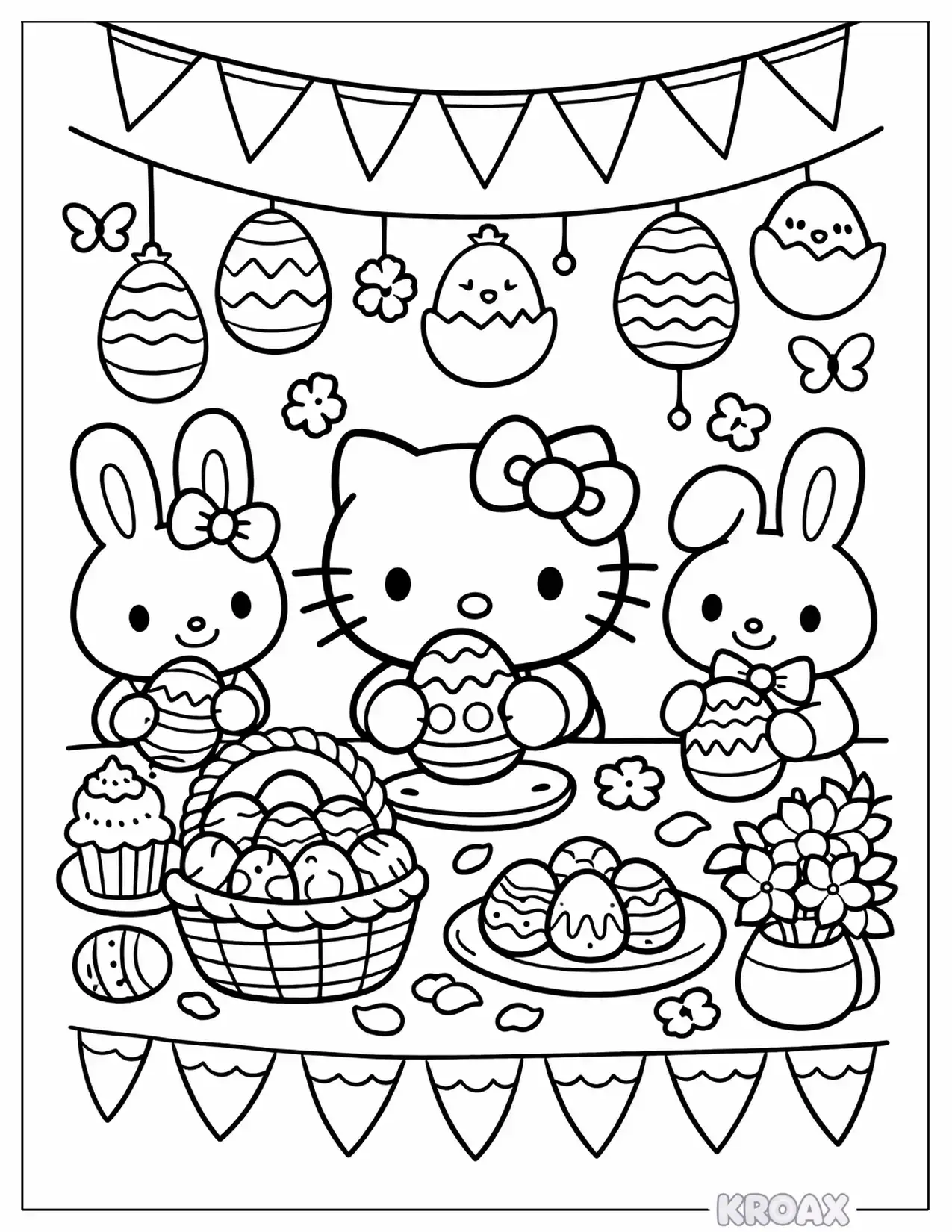 hello kitty easter party with bunny friends printable coloring page