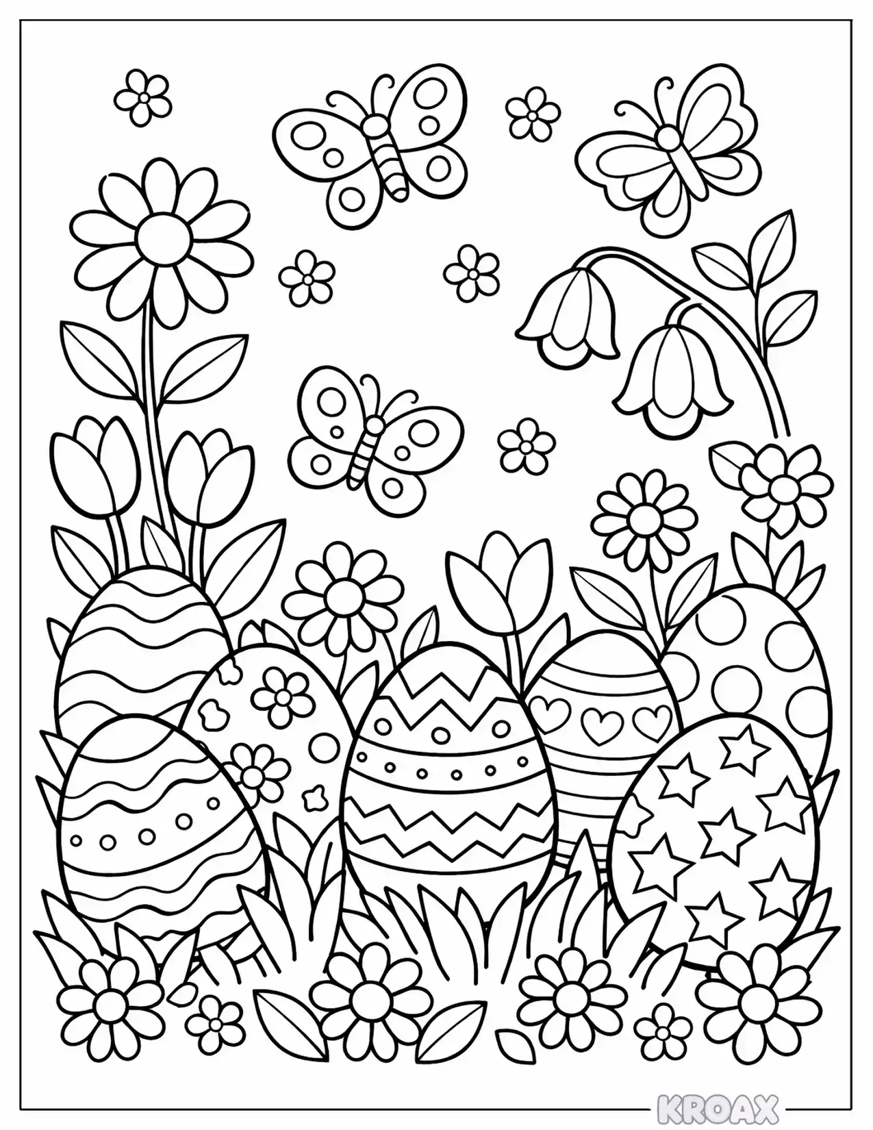 painted easter eggs with butterfly garden printable coloring page