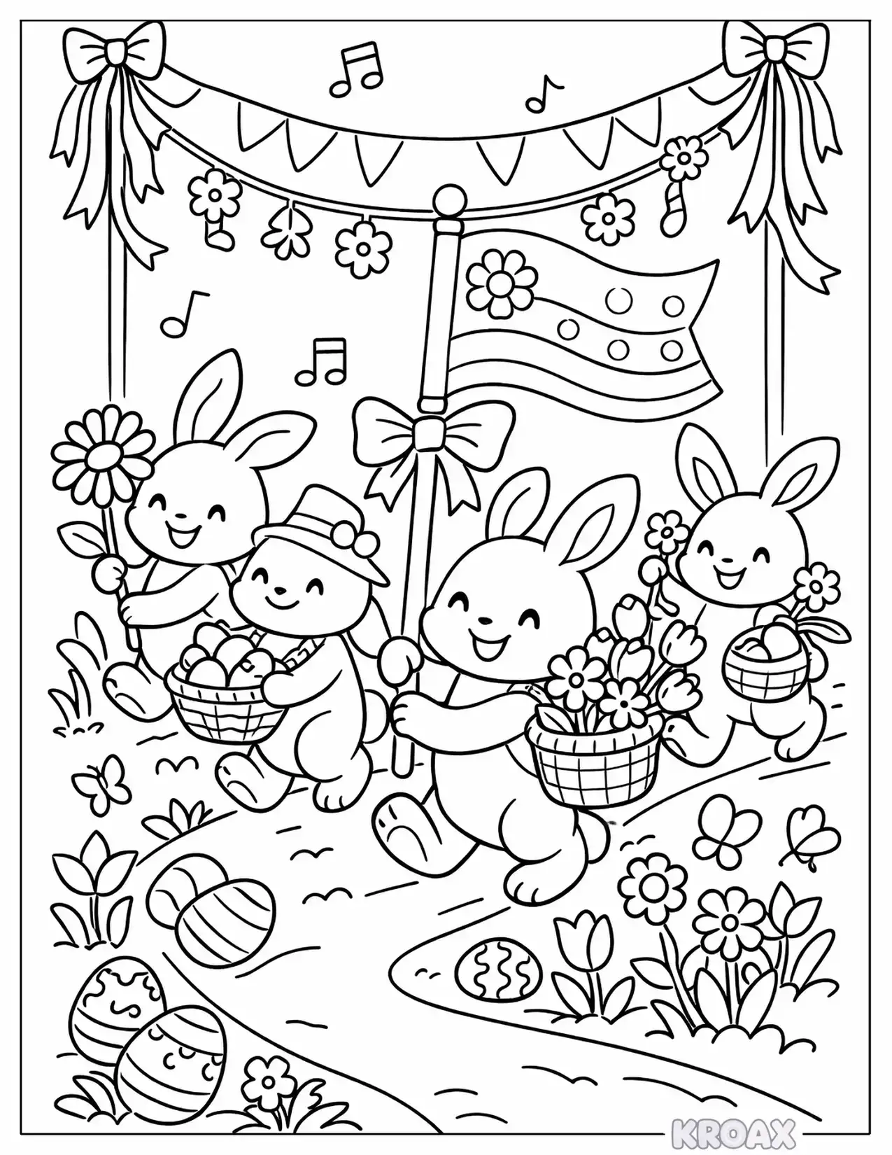 parade of bunnies with spring flowers and ribbons printable coloring page