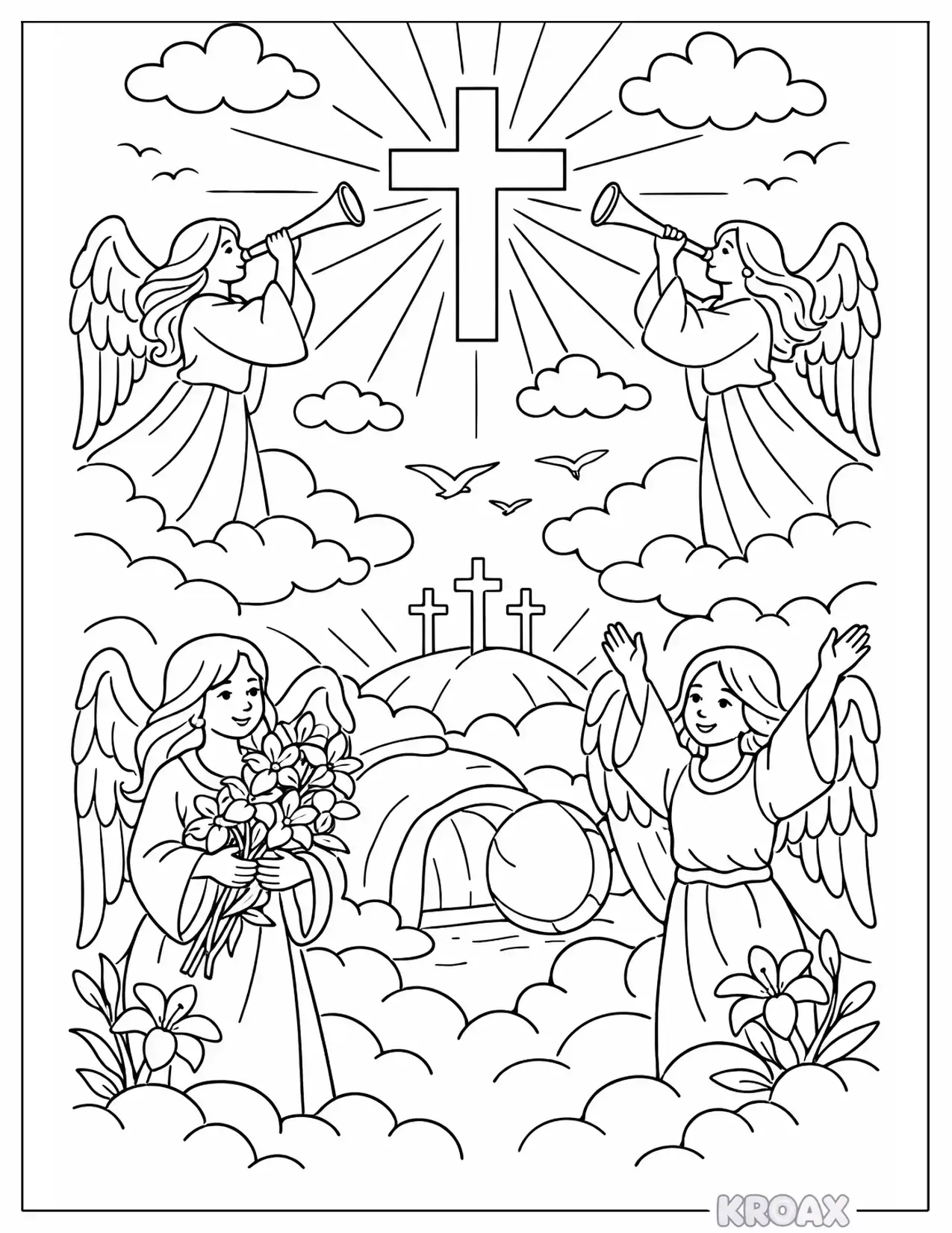 peaceful angels celebrating resurrection printable coloring page