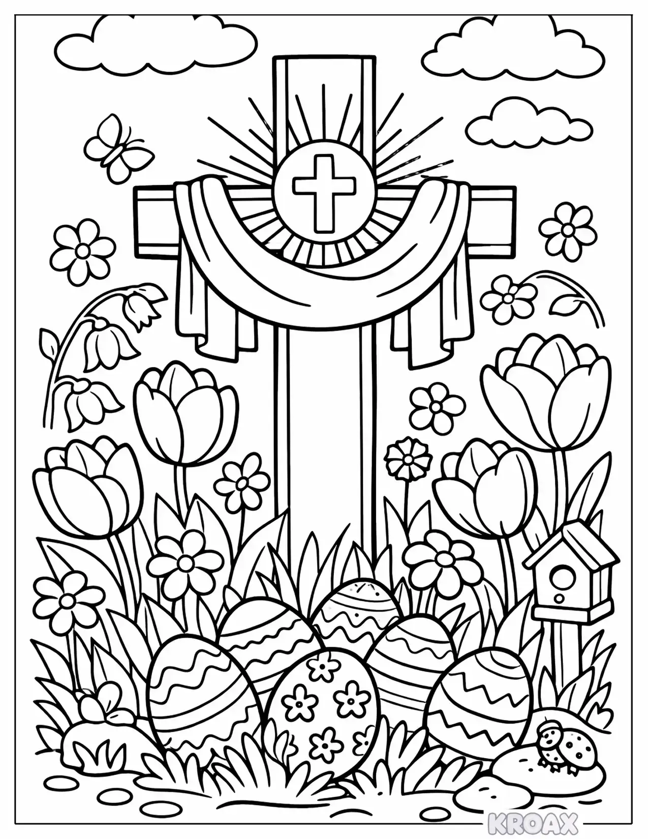 peaceful easter cross among tulips printable coloring page