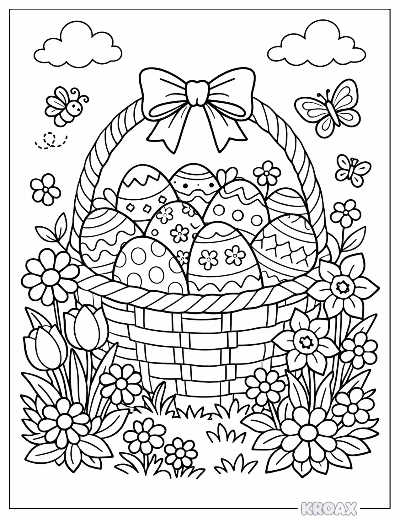 spring garden with easter basket and flowers printable coloring page