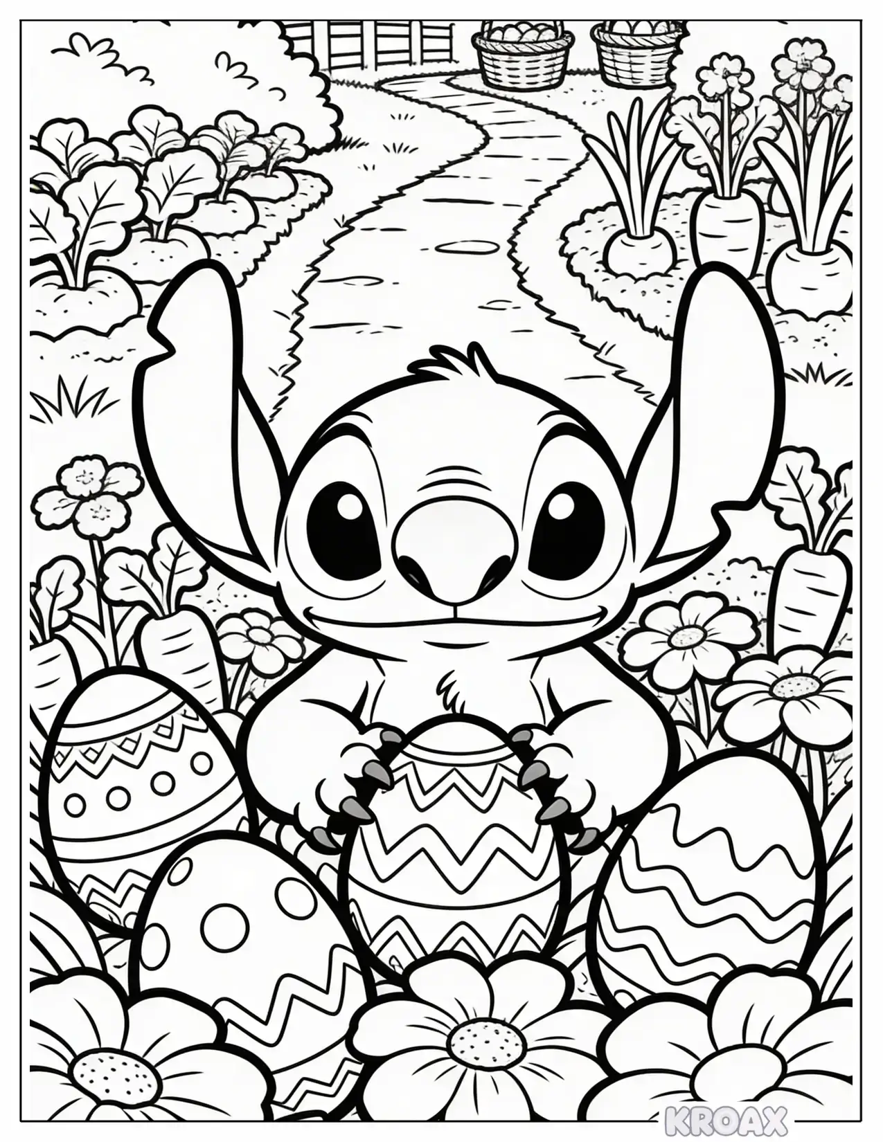 stitch hiding easter eggs in the garden printable coloring page