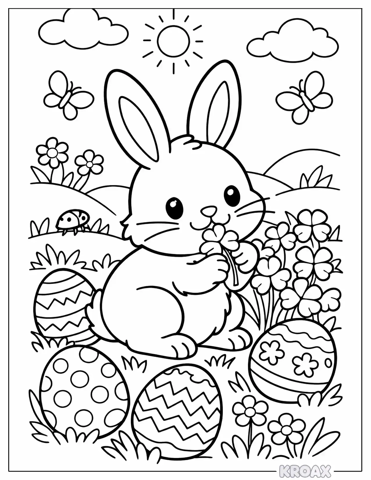sweet bunny nibbling clover with easter eggs printable coloring page