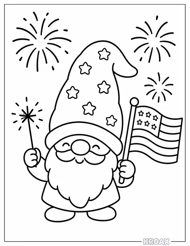 cute patriotic gnome with sparklers printable coloring page