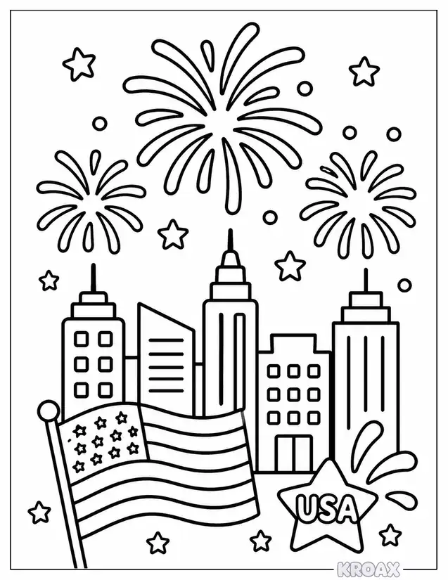 fireworks bursting over the city printable coloring page