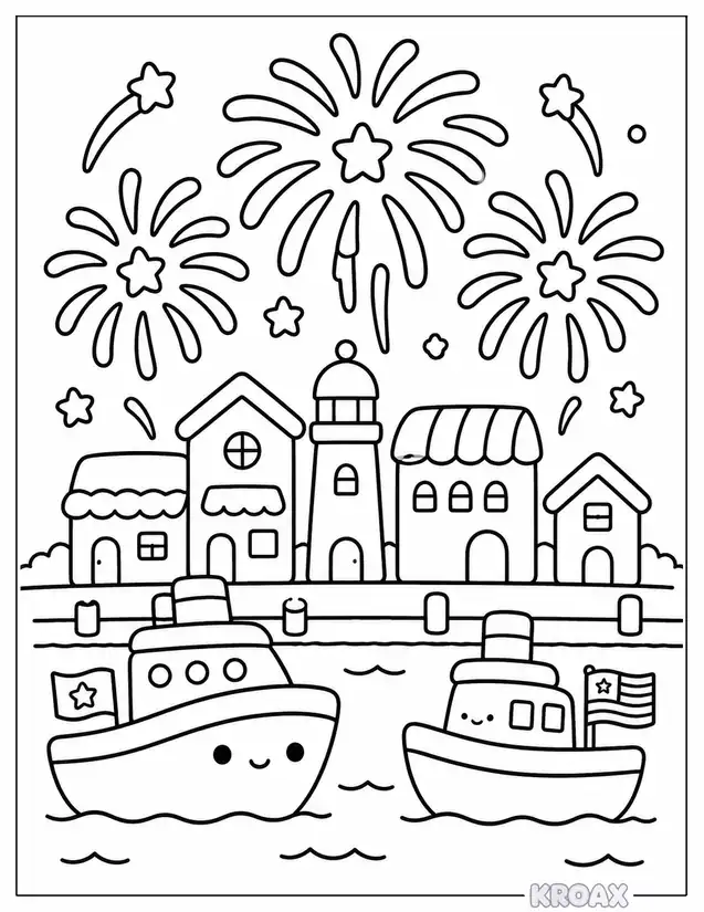 fireworks exploding over the harbor printable coloring page