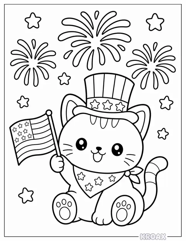 fireworks kitten with sparkle stars printable coloring page