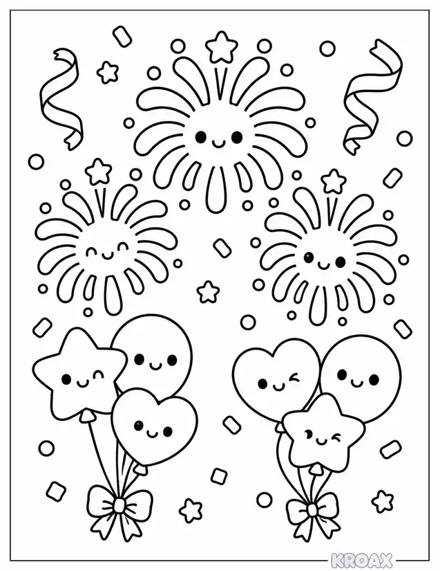 kawaii fireworks and confetti celebration printable coloring page
