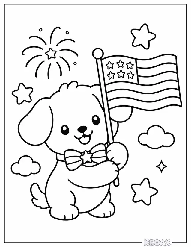 patriotic puppy holding american flag printable coloring page