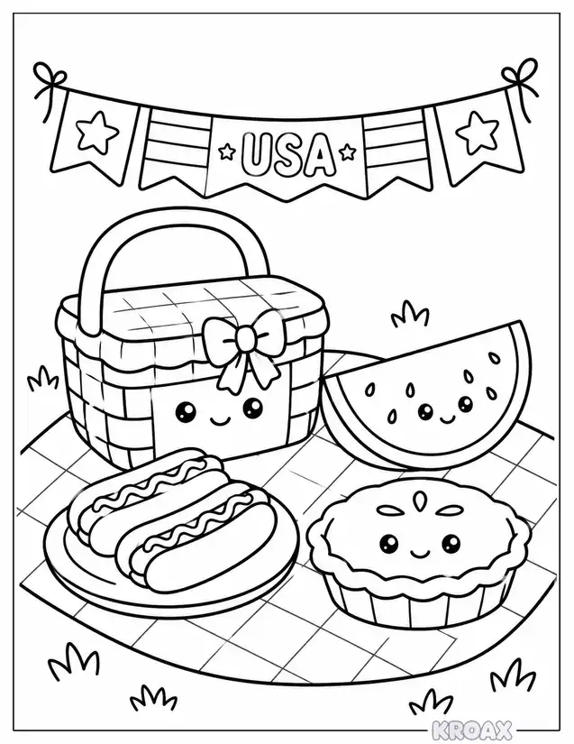 th of july picnic basket scene printable coloring page