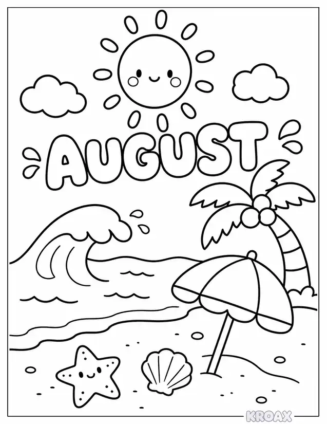 august doodle page with beach vibes printable coloring page