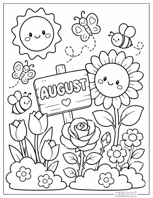 august garden blooms and buzzing bees printable coloring page