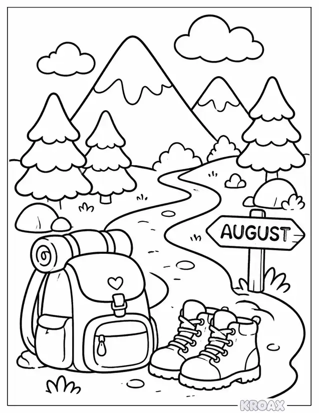 august outdoor adventure hiking trail printable coloring page