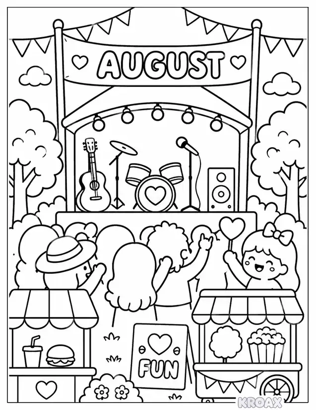 august outdoor concert festival scene printable coloring page